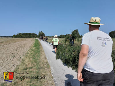 Am Anfang des Zuges liegt der Stamm auf einem Wagen, der von zwei Pferden von Herbert Müller gezogen wird. Den Zug führt zu Fuß Manfred Müller an, die Pferde lenkt und dem auch ein großes Dankeschön für seinen Einsatz gebührt.