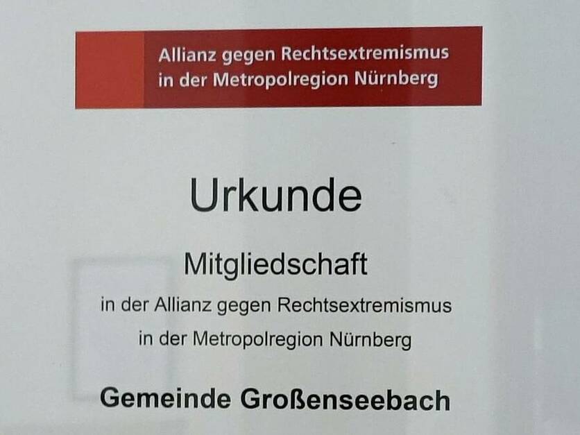 Mitgliedsurkunde der Gemeinde Großenseebach Allianz gegen Rechtsextremismus